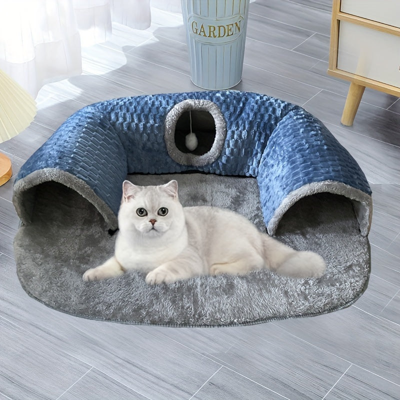 2-in-1 Cozy Cat Play Tunnel & Bed - Non-Slip, Easy Install Pet House with Soft Polyester Fiber Fill