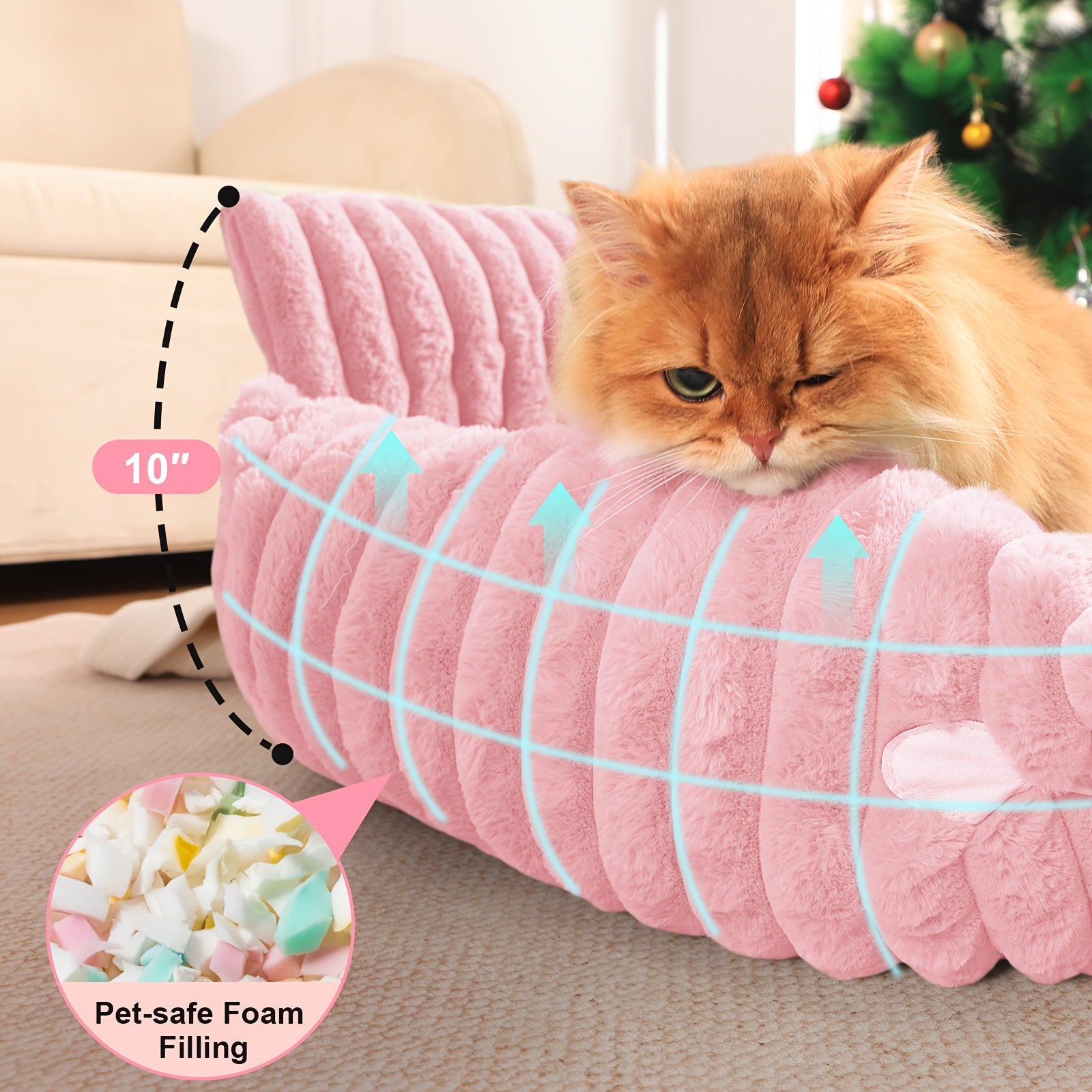 KYLINSURE Fluffy Cat Sofa Bed - Detachable & Washable Pet Bed with Striped Design, Beige/Pink/Gray/Green/Brown, Soft Cushioned Lounge Chair for Cats & Puppies, Durable Indoor/Outdoor Use, Cat Furniture Bed, Cozy Pet Furniture, Plush Pet Furniture,