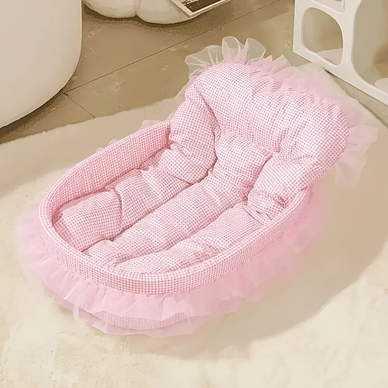 Adorable Princess Cat Sofa Bed - Soft, Washable & Removable Pet Bed with Ruffled Edges, Non-Slip Design, Oval Shape, Multi-Color Options for Cats and Small Dogs, Vintage Style Home Decor, Plush Pet Furniture