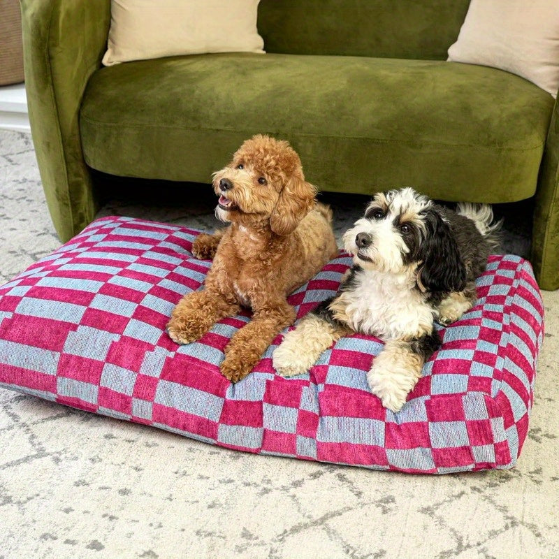 DBD3001CM Mabel 35" x 23" Designer Modern Ultra Soft Reversible Plush Rectangular Pet Bed with Washable Cover Blueberry Check - Durable Synthetic Faux Fur, Extra Small Dog Bed for Puppies, Chihuahuas, Poodles, Small Dog Bed, Stylish Pet Bed, Plush Fabric