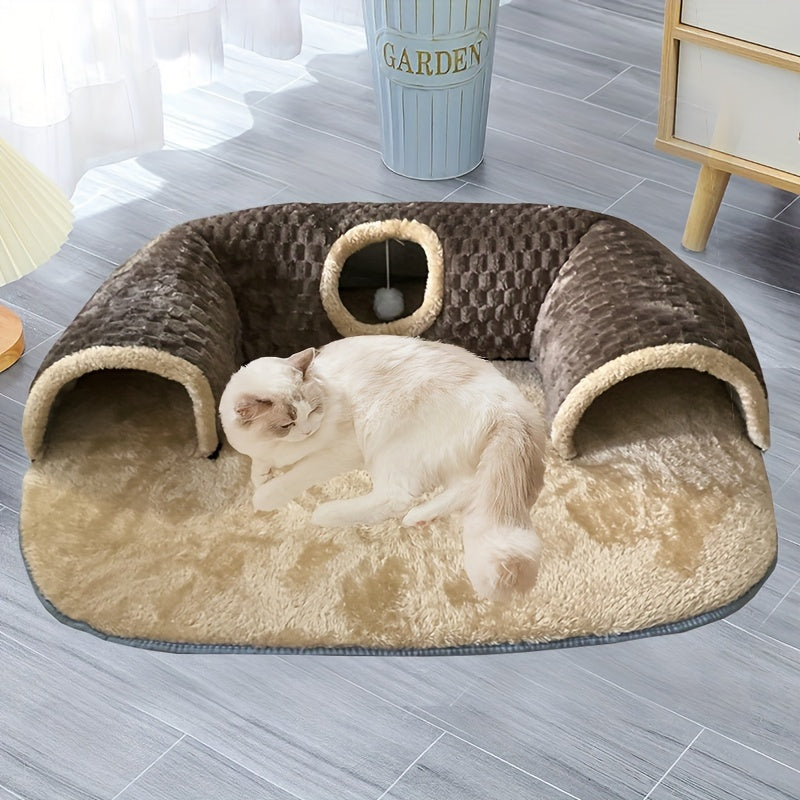 2-in-1 Cozy Cat Play Tunnel & Bed - Non-Slip, Easy Install Pet House with Soft Polyester Fiber Fill