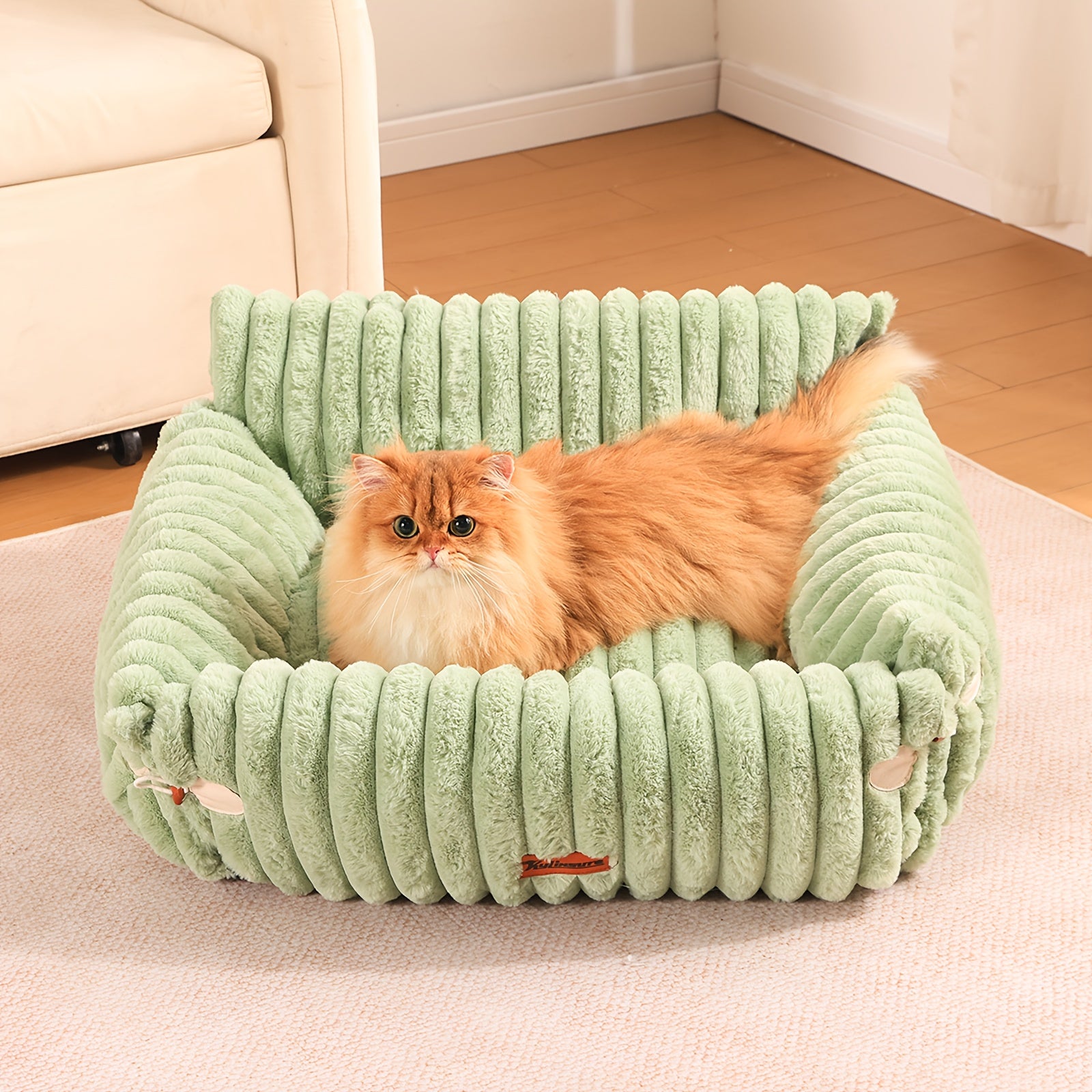 KYLINSURE Fluffy Cat Sofa Bed - Detachable & Washable Pet Bed with Striped Design, Beige/Pink/Gray/Green/Brown, Soft Cushioned Lounge Chair for Cats & Puppies, Durable Indoor/Outdoor Use, Cat Furniture Bed, Cozy Pet Furniture, Plush Pet Furniture,