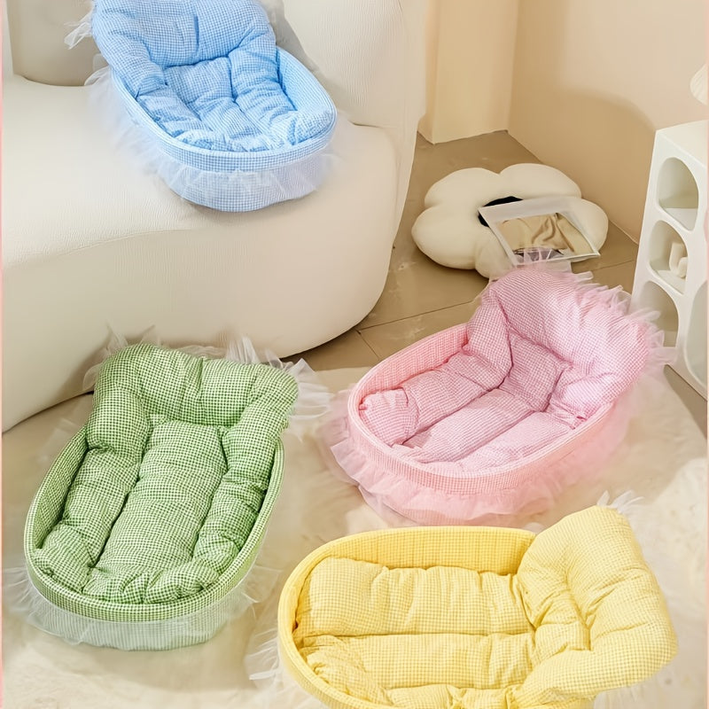 Adorable Princess Cat Sofa Bed - Soft, Washable & Removable Pet Bed with Ruffled Edges, Non-Slip Design, Oval Shape, Multi-Color Options for Cats and Small Dogs, Vintage Style Home Decor, Plush Pet Furniture