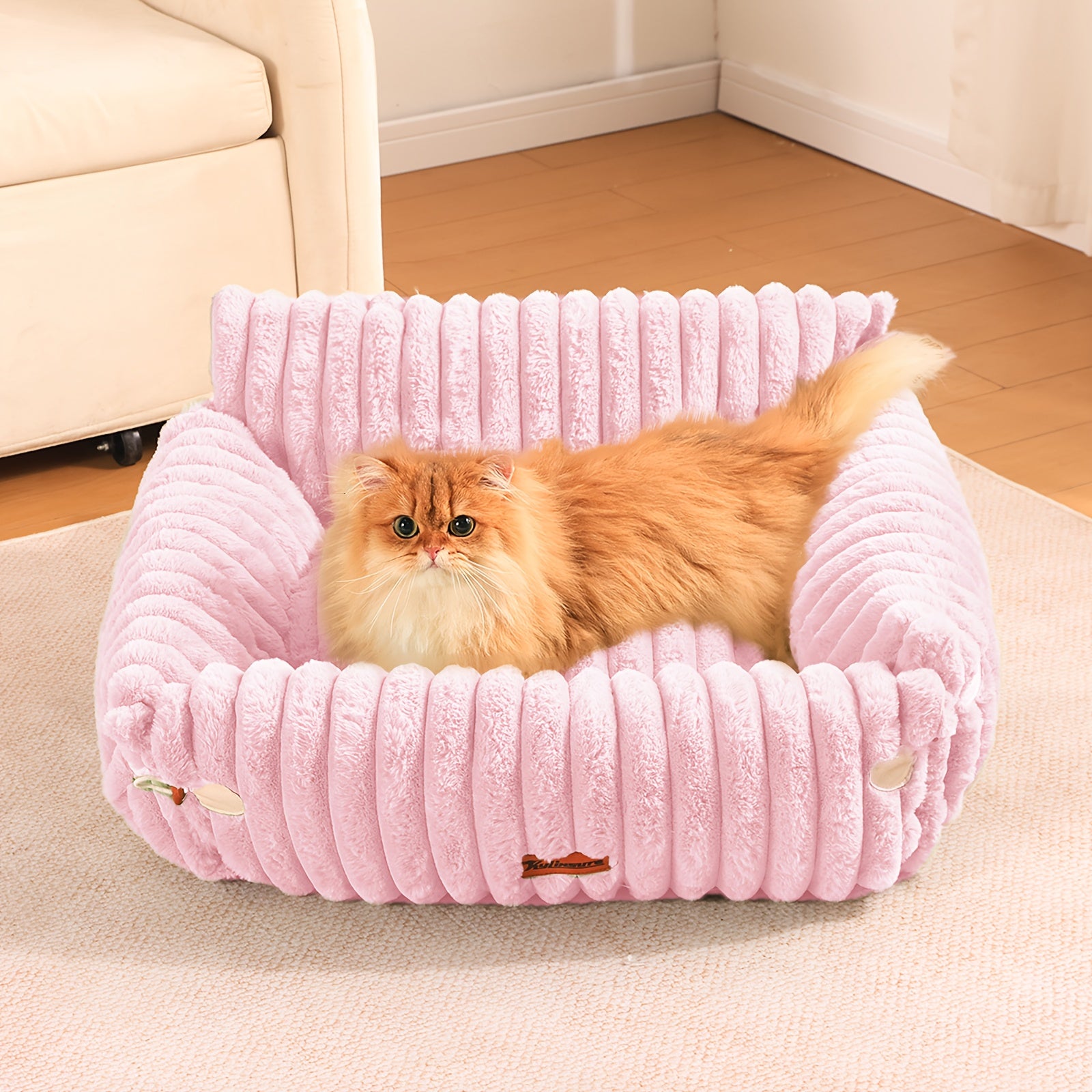 KYLINSURE Fluffy Cat Sofa Bed - Detachable & Washable Pet Bed with Striped Design, Beige/Pink/Gray/Green/Brown, Soft Cushioned Lounge Chair for Cats & Puppies, Durable Indoor/Outdoor Use, Cat Furniture Bed, Cozy Pet Furniture, Plush Pet Furniture,