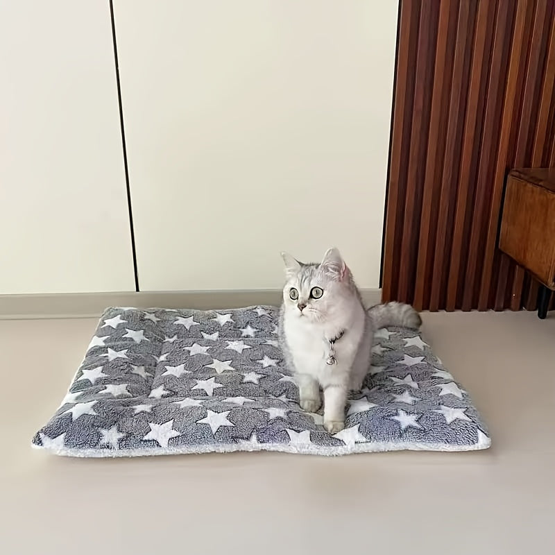 Extra Thick Warm Plush Cat Blanket - Soft Polyester Rectangular Pet Bed with Star Pattern, Cozy Winter Bedding for Cats, Durable & Easy-Care Home Decor, Indoor Pet Comfort | Star Pattern Bed | Fluffy Texture, Cat Bed