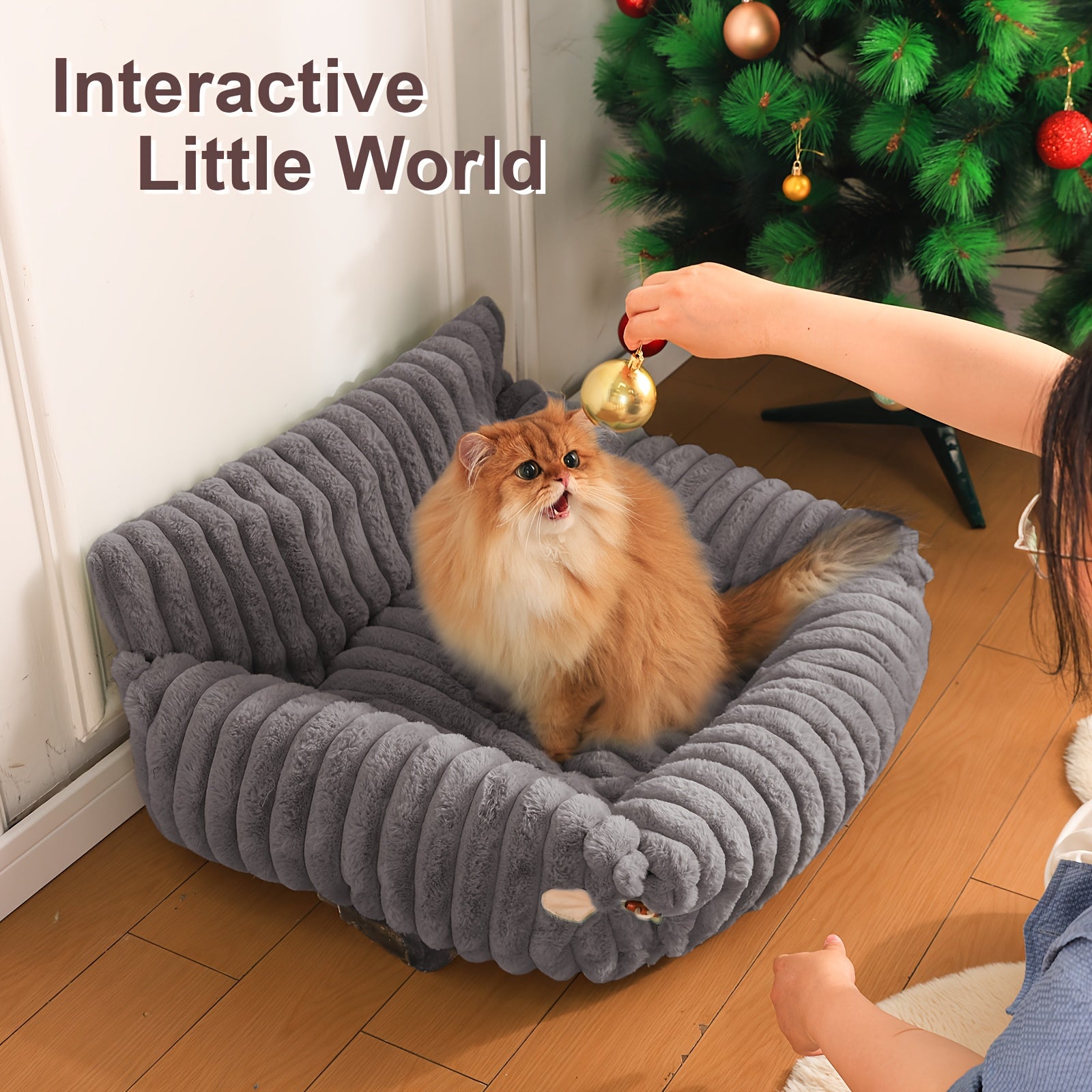 KYLINSURE Fluffy Cat Sofa Bed - Detachable & Washable Pet Bed with Striped Design, Beige/Pink/Gray/Green/Brown, Soft Cushioned Lounge Chair for Cats & Puppies, Durable Indoor/Outdoor Use, Cat Furniture Bed, Cozy Pet Furniture, Plush Pet Furniture,