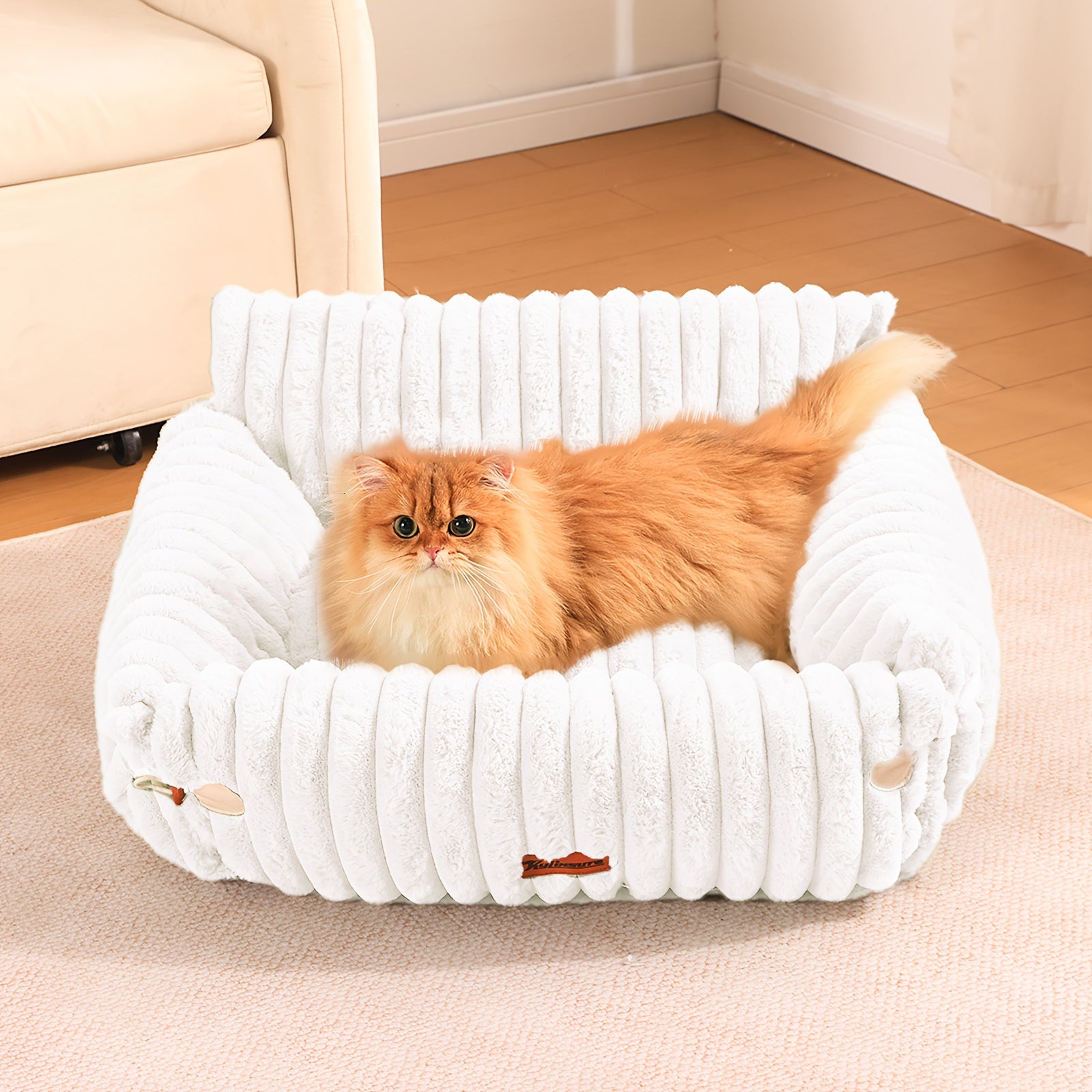 KYLINSURE Fluffy Cat Sofa Bed - Detachable & Washable Pet Bed with Striped Design, Beige/Pink/Gray/Green/Brown, Soft Cushioned Lounge Chair for Cats & Puppies, Durable Indoor/Outdoor Use, Cat Furniture Bed, Cozy Pet Furniture, Plush Pet Furniture,