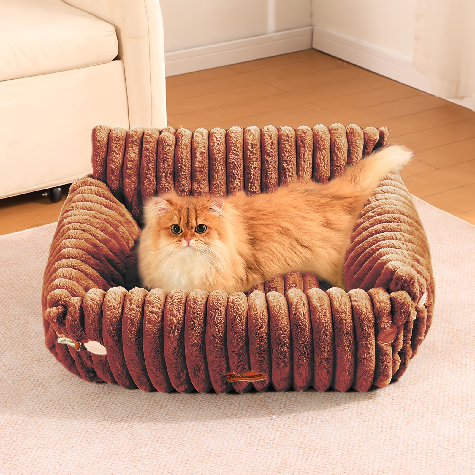 KYLINSURE Fluffy Cat Sofa Bed - Detachable & Washable Pet Bed with Striped Design, Beige/Pink/Gray/Green/Brown, Soft Cushioned Lounge Chair for Cats & Puppies, Durable Indoor/Outdoor Use, Cat Furniture Bed, Cozy Pet Furniture, Plush Pet Furniture,