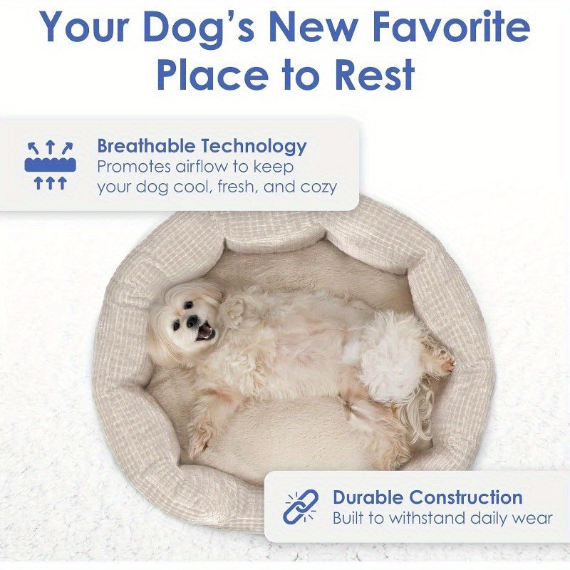 26" Clamshell Cuddler Dog Bed for Medium & Large Dogs - Plush Popcorn Texture, Non-Slip Bottom, Machine Washable, Ultra-Soft Polyester with High-Loft Support, Stylish Pet Bed for Hardwood & Tile Floors, Big Dog Bed, Cozy Indoor Resting, Elegant Pet