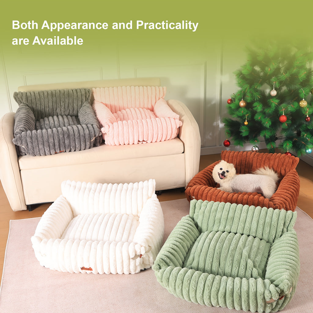 KYLINSURE Fluffy Cat Sofa Bed - Detachable & Washable Pet Bed with Striped Design, Beige/Pink/Gray/Green/Brown, Soft Cushioned Lounge Chair for Cats & Puppies, Durable Indoor/Outdoor Use, Cat Furniture Bed, Cozy Pet Furniture, Plush Pet Furniture,
