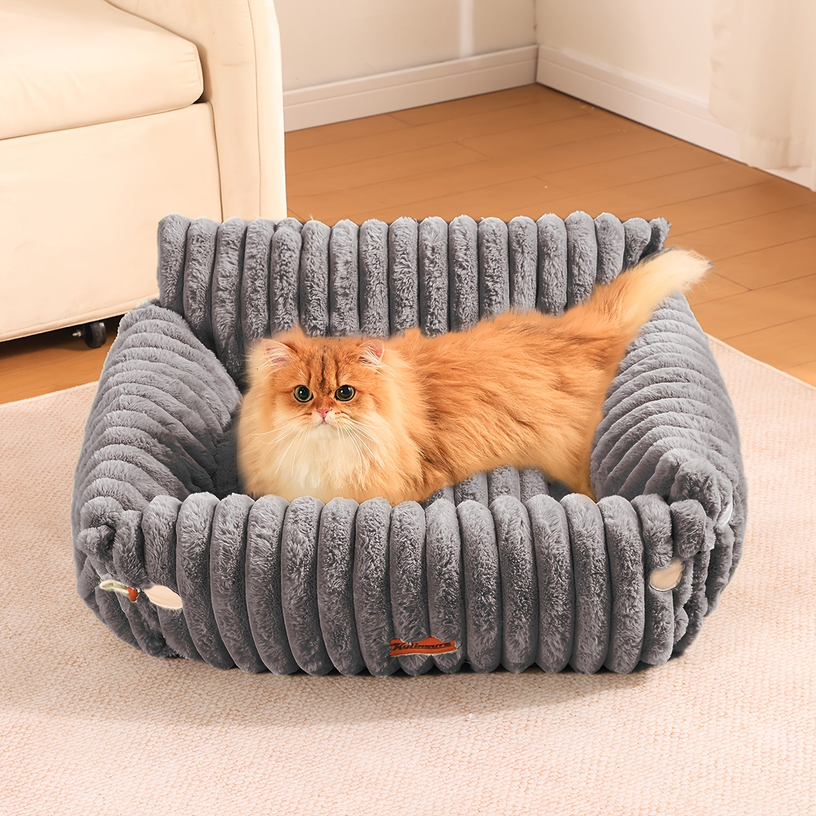 KYLINSURE Fluffy Cat Sofa Bed - Detachable & Washable Pet Bed with Striped Design, Beige/Pink/Gray/Green/Brown, Soft Cushioned Lounge Chair for Cats & Puppies, Durable Indoor/Outdoor Use, Cat Furniture Bed, Cozy Pet Furniture, Plush Pet Furniture,