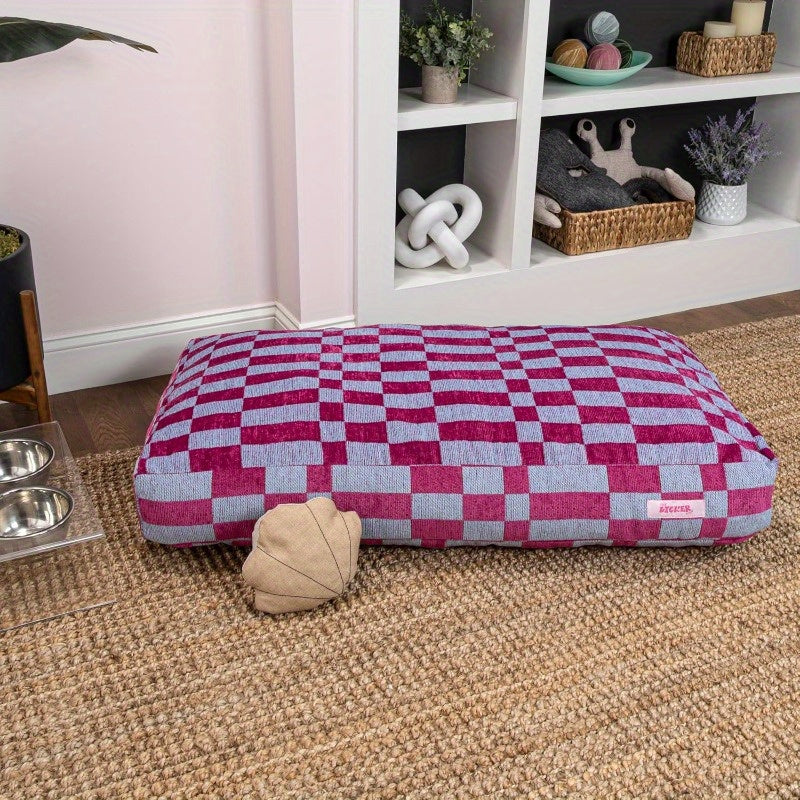 DBD3001CM Mabel 35" x 23" Designer Modern Ultra Soft Reversible Plush Rectangular Pet Bed with Washable Cover Blueberry Check - Durable Synthetic Faux Fur, Extra Small Dog Bed for Puppies, Chihuahuas, Poodles, Small Dog Bed, Stylish Pet Bed, Plush Fabric